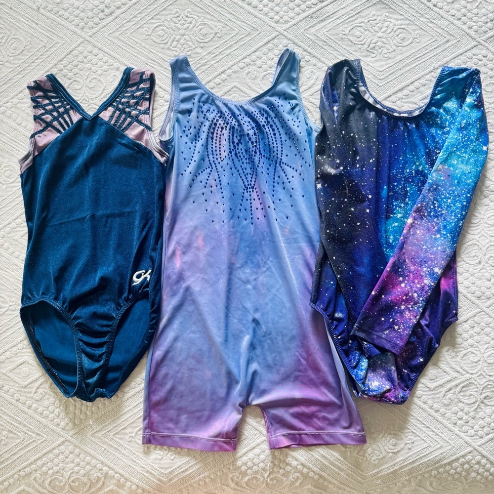 Set of Three Gymnastics Leotards in Blue and Purple